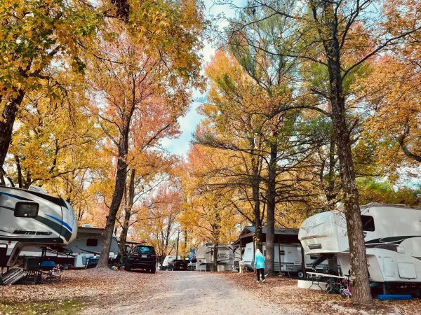 Several premium fifth wheels and travel trailers parked along a tree-lined gravel road at Kountry Resort Campground during the peak autumn foliage season.