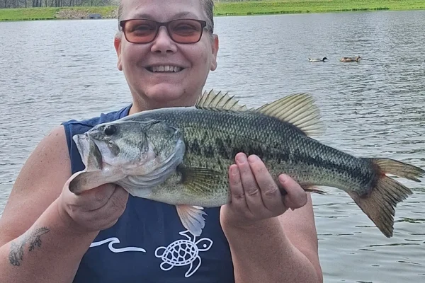 A smiling woman wearing glasses holding up a large largemouth bass she caught at one of the fishing lakes at Kountry Resort Campground.