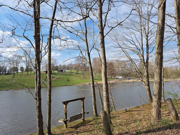A view looking through bare deciduous trees toward a calm lake with a wooden A-frame bench swing on the grassy bank at Kountry Resort Campground.